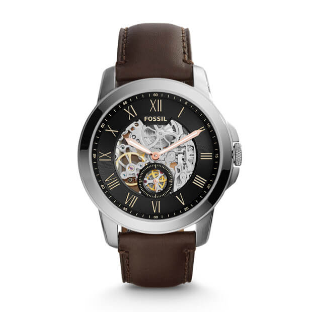 Fossil Me3095 Grant Automatic Black Dial Brown Leather Strap Watch
