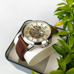 Fossil Me3099 Grant Automatic Dark Brown Dial Beige Leather Strap Watch