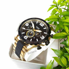 Fossil JR1526 Nate Chronograph Gold-tone Stainless Steel & Black Silicone