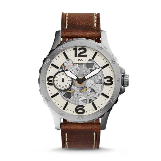 Fossil ME3128 Nate Cream Skeleton Dial Brown Mechanical