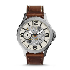 Fossil ME3128 Nate Cream Skeleton Dial Brown Mechanical