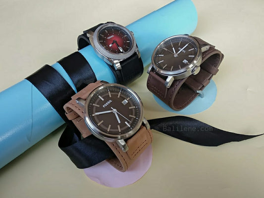 Fossil C241002 Red Tone Round Black Leather Band