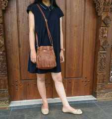 Fossil ZB6791200 Jules Large Fringe Drawstring Satchel Bag Brown