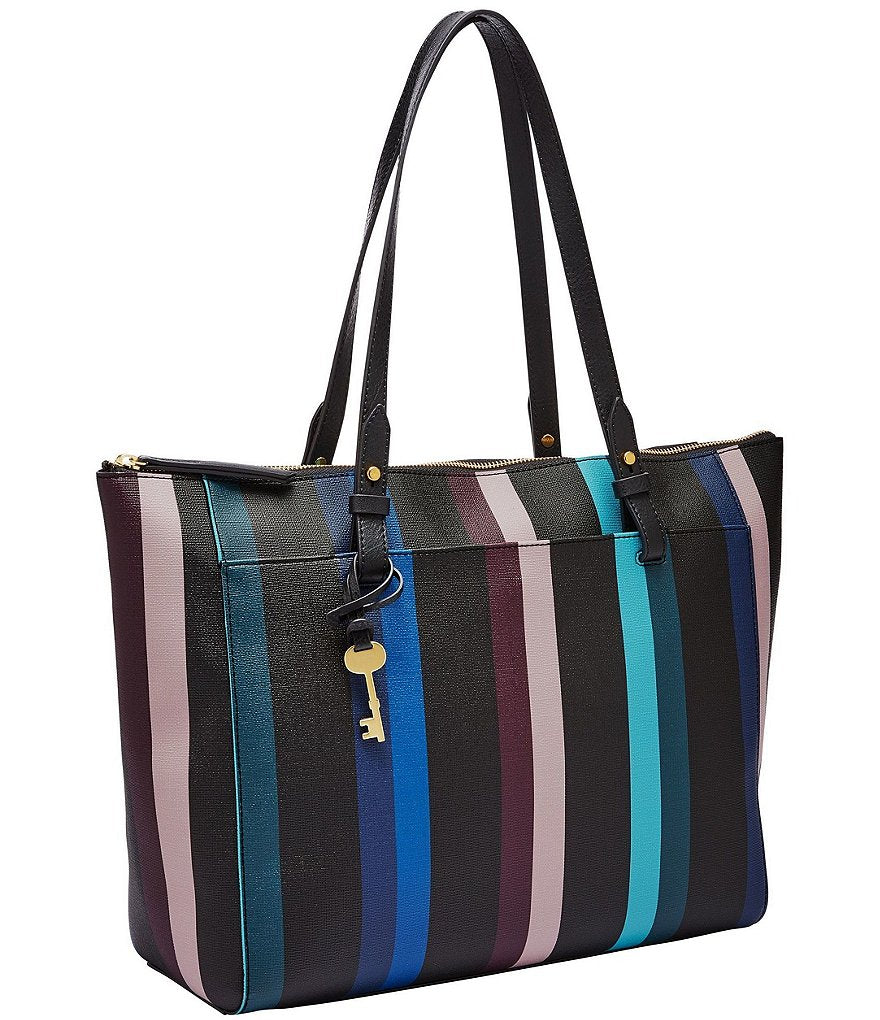 Fossil Zb7446425 Rachel Zip Tote Blue Multi Stripe Print
