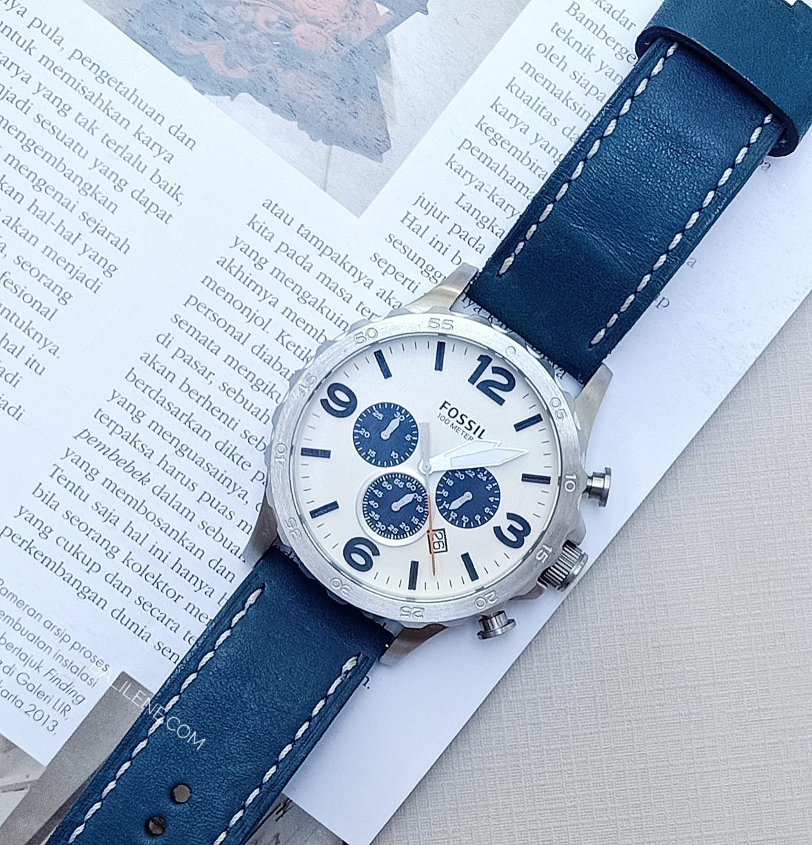 Fossil JR1480 Nate Chronograph Navy Leather Watch