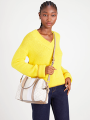 Kate-Spade-Flower-Jacquard-Stripe-Faye-Medium-Satchel-Natural-Multi-Balilene-onmodel