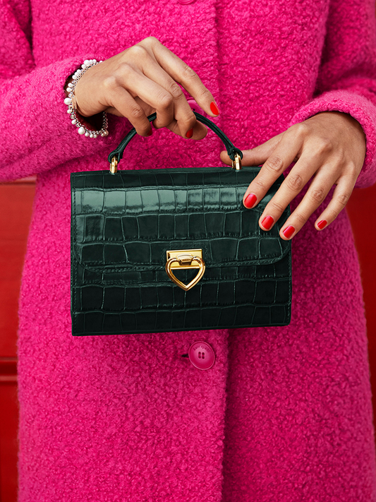 Kate-Spade-K4410-Lovitt-Croc-Embossed-Small-Top-Handle-Bag-Deep-Evergreen-Balilene-onmodel