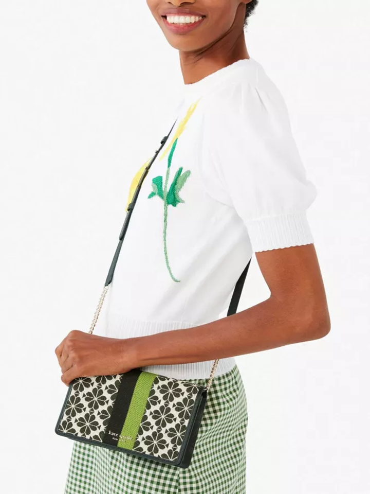 Kate Spade Flower Jacquard Stripe Chain Wallet Green Multi