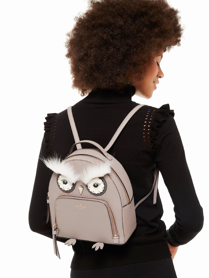 kate spade cat mini backpack Kate Spade WKRU5674 Star Bright Owl Tomi Gray Leather Backpack – Balilene