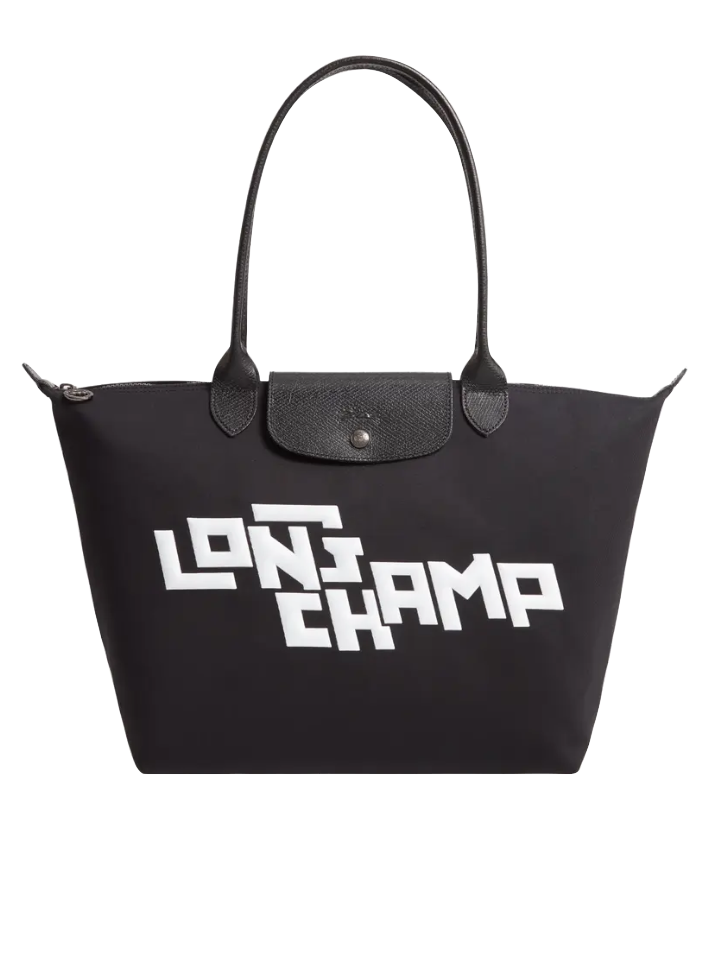 Longchamp-Le-Pliage-Stamp-Shoulder-Bag-Small-Black-White-Balilene-depan