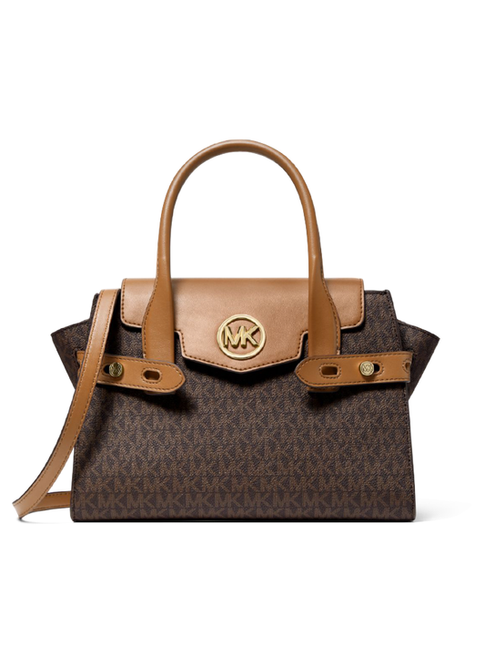 Michael Kors Carmen Medium Logo and Faux Leather Belted Satchel Brown