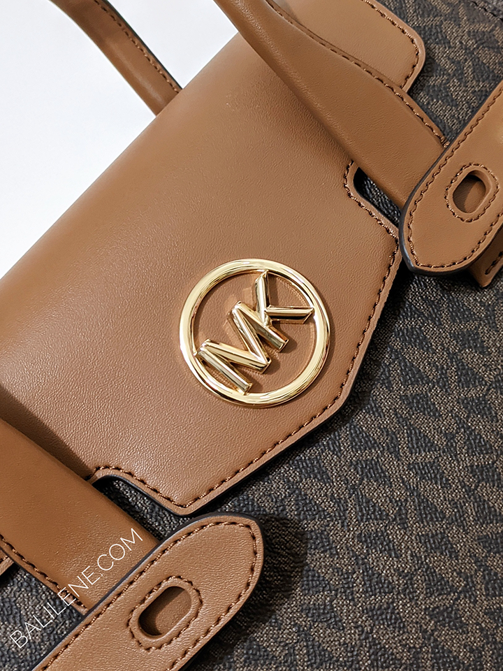Michael Kors Carmen Medium Logo and Faux Leather Belted Satchel Brown
