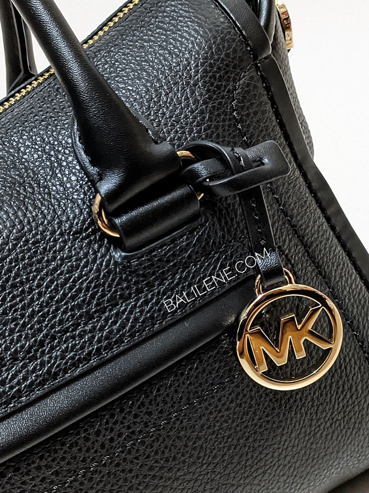 Michael-Kors-Carine-Medium-Pebbled-Leather-Satchel-Bag-Black-Balilene-detail-logo