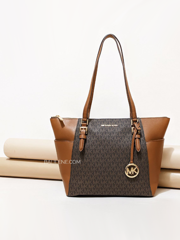 michael michael kors charlotte large logo and leather top-zip tote bag