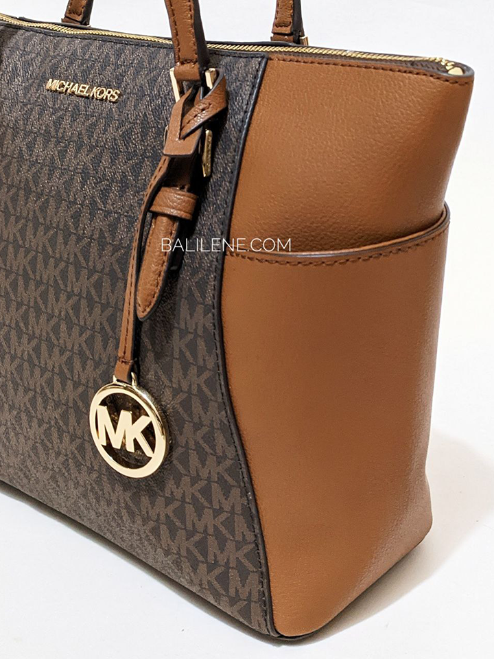 Michael Kors Charlotte Large Logo and Leather Top-Zip Tote Bag Brown