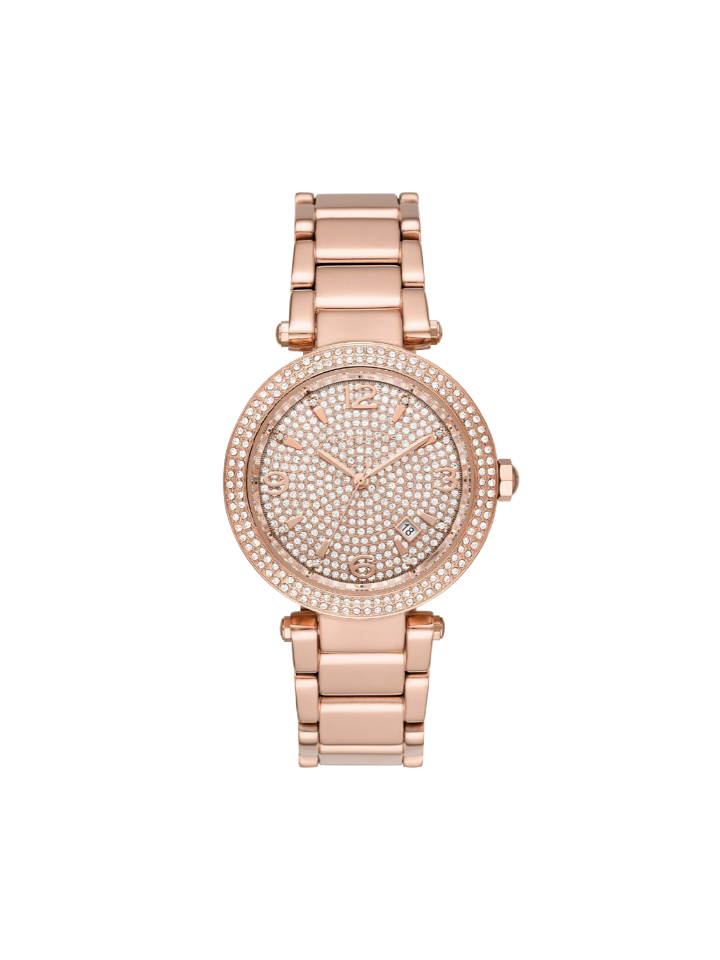 Michael Kors MK6511 Womens Parker Three-Hand Date Rose Gold-Tone Stainless Steel Pave Glitz Watch