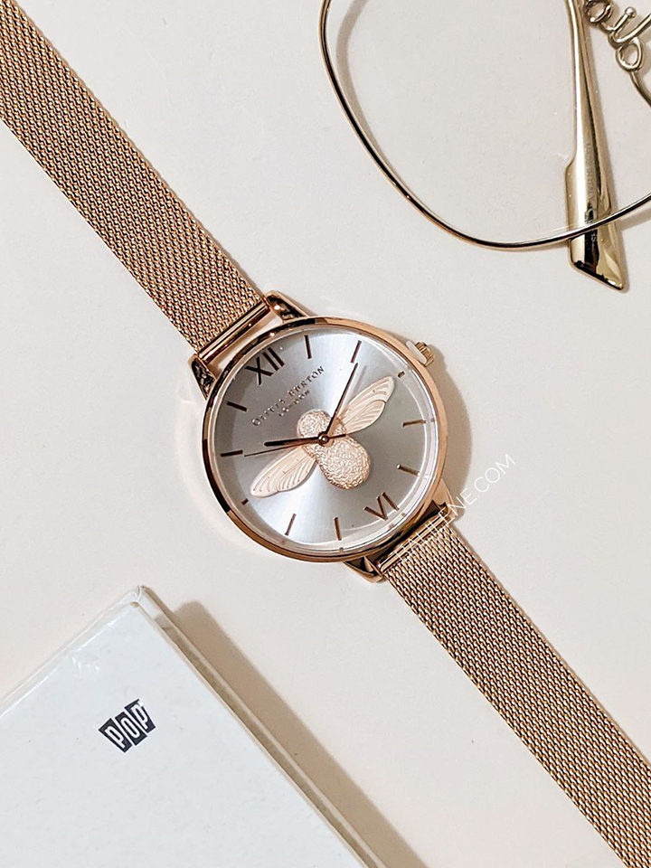 Olivia Burton 3D Bee Rose Gold Mesh Bracelet Watch + Gift Bee Pin Set