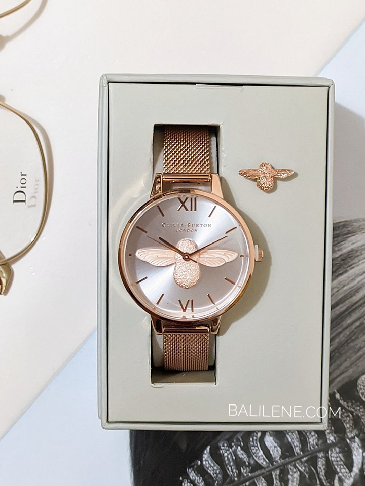 Olivia Burton 3D Bee Rose Gold Mesh Bracelet Watch + Gift Bee Pin Set