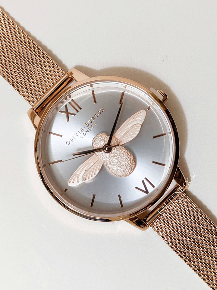 Olivia Burton 3D Bee Rose Gold Mesh Bracelet Watch + Gift Bee Pin Set