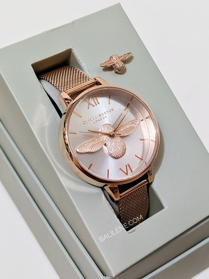 Olivia Burton 3D Bee Rose Gold Mesh Bracelet Watch + Gift Bee Pin Set
