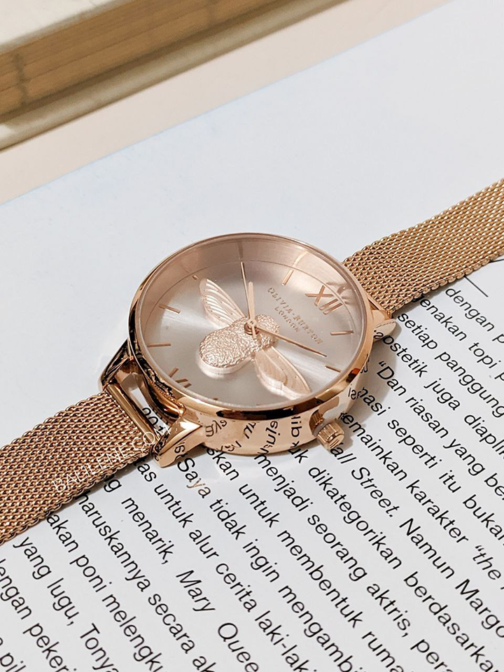 Olivia Burton Glitter Dial Lukcy Bee & Rose Gold Mesh Ladies Watch - O Olivia Burton Glitter Dial Lukcy Bee & Rose Gold Mesh Ladies Watch - O