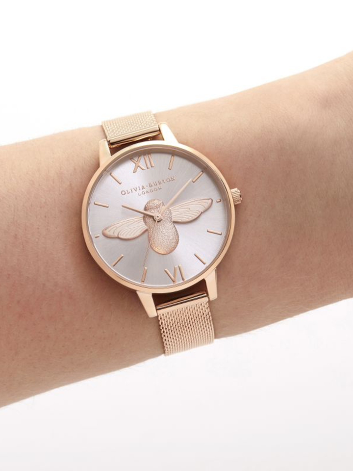 Olivia Burton 3D Bee Rose Gold Mesh Bracelet Watch Gift Bee Pin