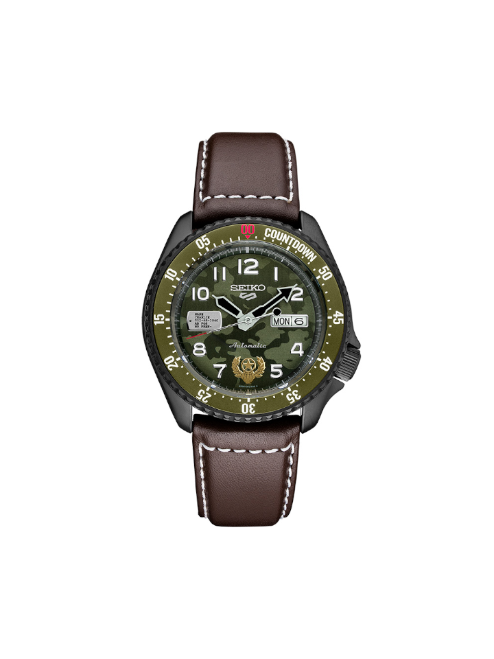 Seiko 5 Sports SRPF21K1 Street Fighter Guile Indestructible Fortress Brown Leather Strap
