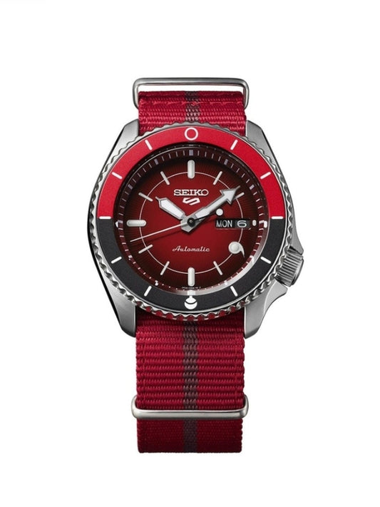 Seiko SRPF67K1 5 Sports x Naruto & Boruto SARADA UCHIHA Red Dial Red Maroon Nylon Leather Strap Men’s Watch