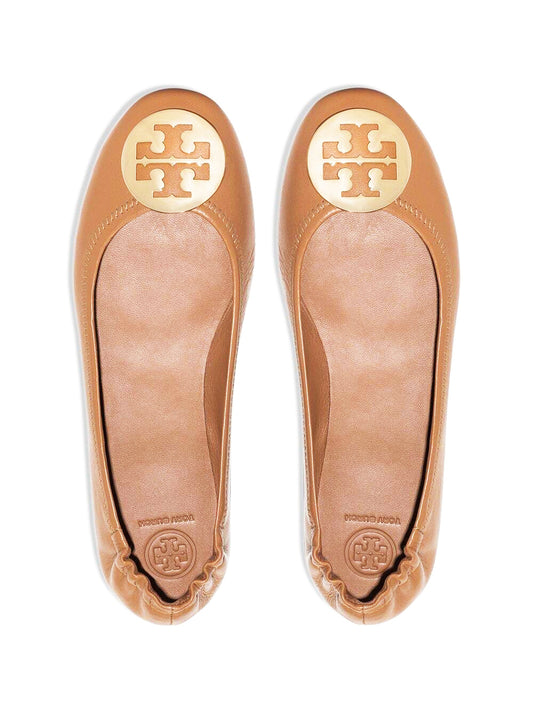 Tory Burch 32880 Minnie Travel Ballet With Metal Logo Soft Nappa Leather Royal Tan