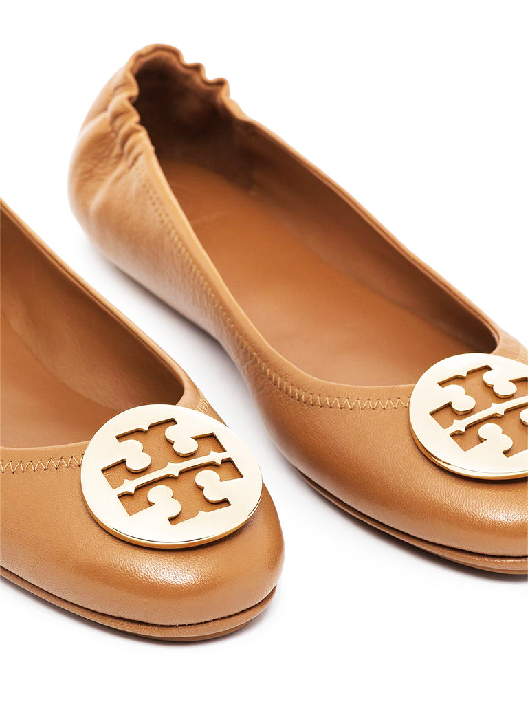 Tory Burch 32880 Minnie Travel Ballet With Metal Logo Soft Nappa Leather Royal Tan