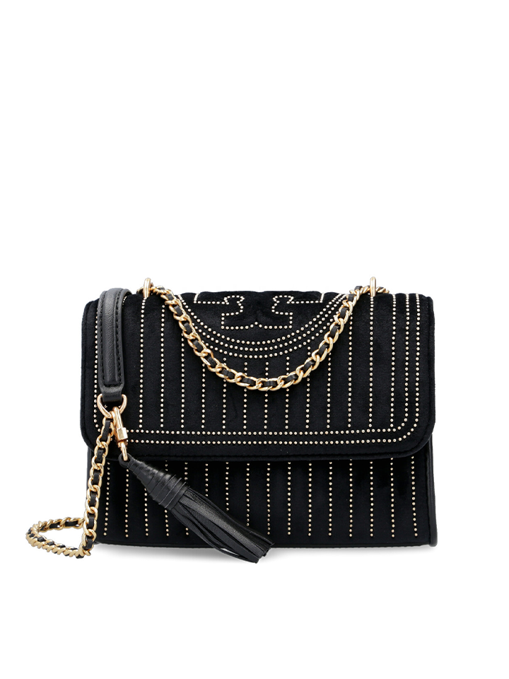 Tory Burch 56277 Fleming Mini Stud Velvet Small Shoulder Bag Black