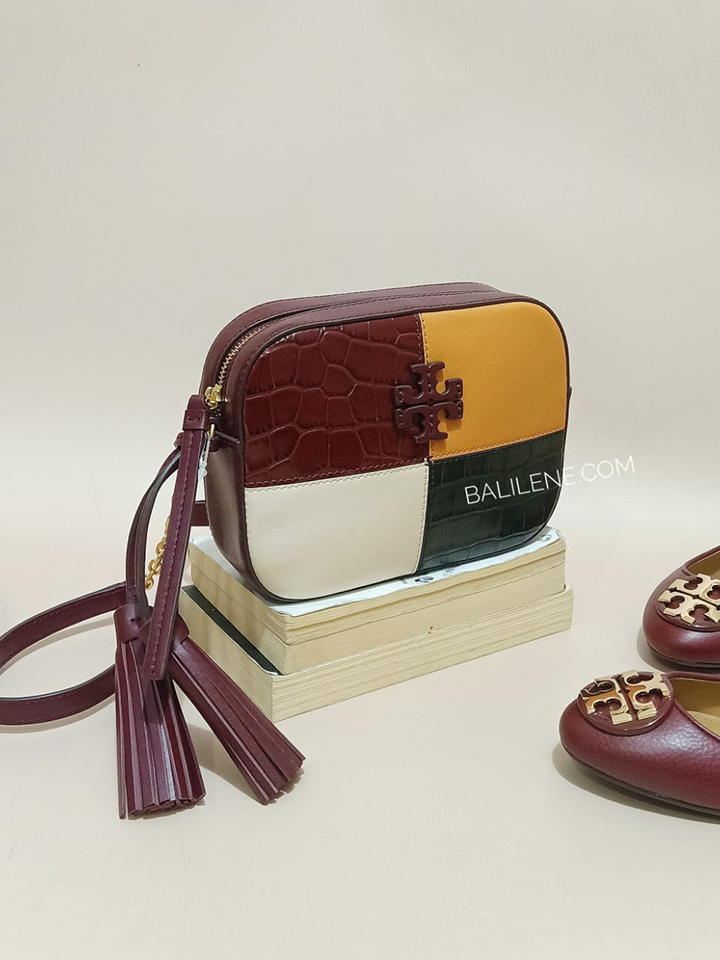 Tory Burch 74637 McGraw Embossed Colorblok Camera Bag Claret Balilene