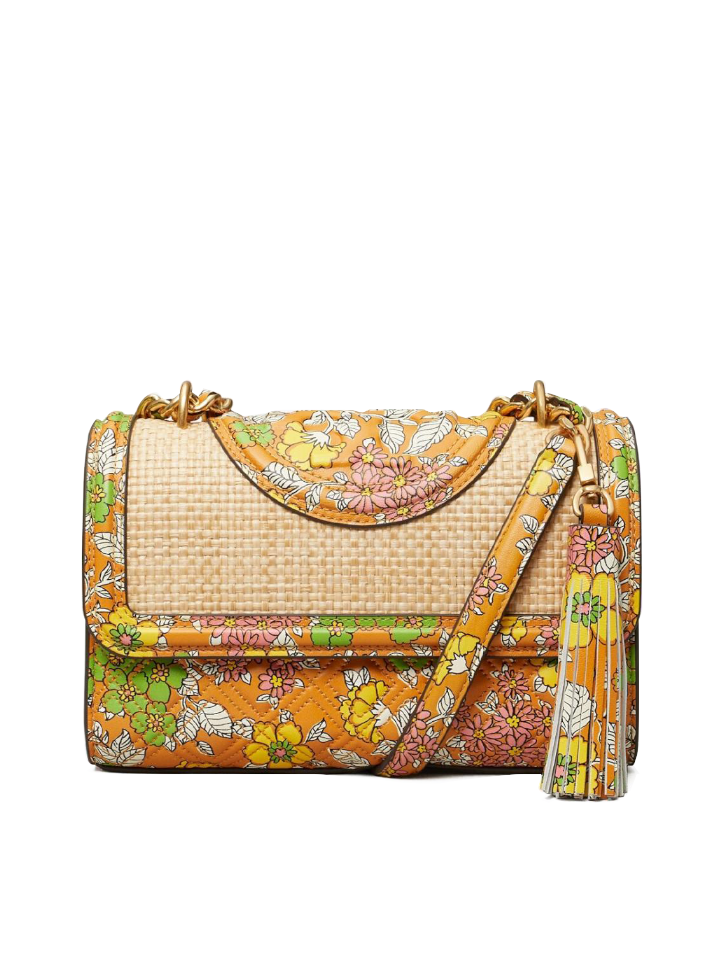 Tory Burch 76962 Fleming Printed Straw Small Convertible Shoulder Bag Natural Butternut