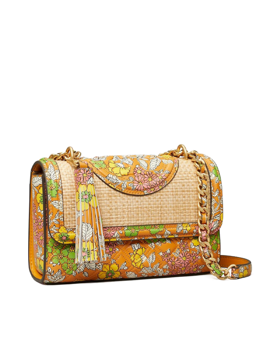 Tory Burch 76962 Fleming Printed Straw Small Convertible Shoulder Bag Natural Butternut