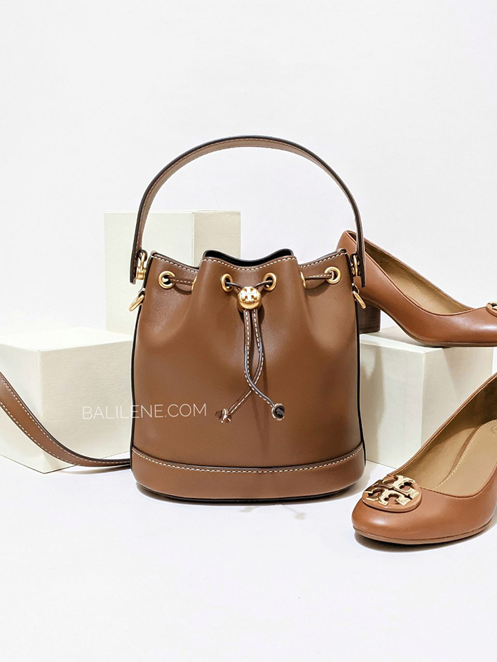Tory Burch T Monogram Leather Bucket Bag Moose