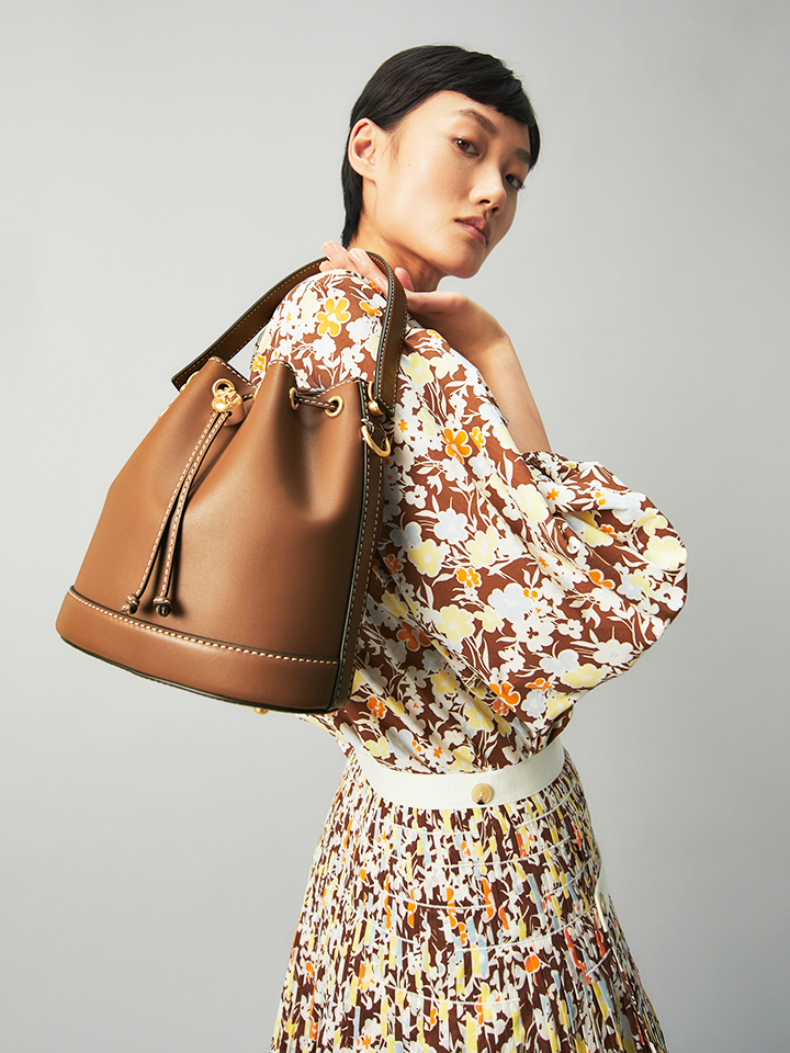 Tory Burch T Monogram Leather Bucket Bag Moose