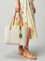 Tory Burch 80641 Perry Canvas Triple Compartment Tote Bag Natural Navy