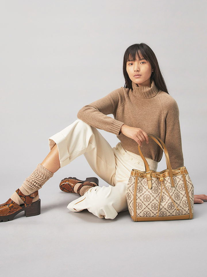 Tory Burch 81803 T Monogram Jacquard Small Tote Hazelnut