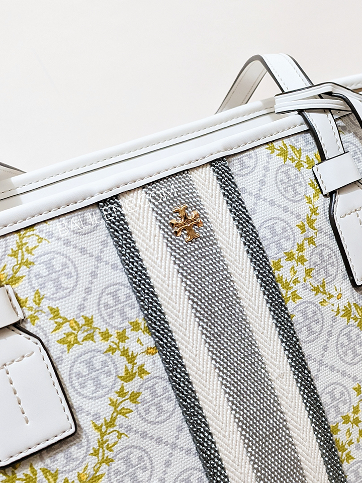 Tory Burch 82593 T Monogram Canvas Floral Vine Top-Zip Tote Ivory
