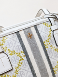 Tory Burch 82593 T Monogram Canvas Floral Vine Top-Zip Tote Ivory