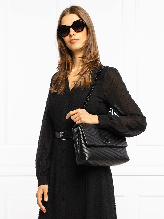 Tory Burch 82775 Kira Chevron Powder Coated Medium Convertible Shoulder Bag Black