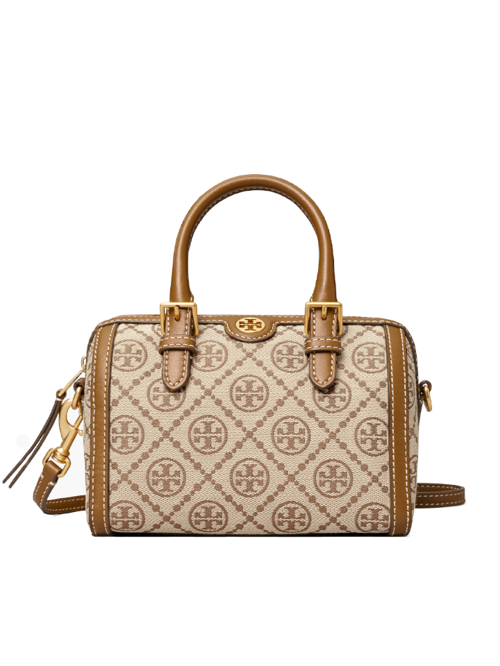 T MONOGRAM JACQUARD MINI BARREL CROSSBODY BAG, HAZELNUT COLOR