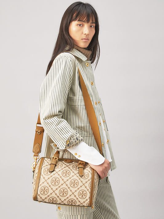 Tory Burch 83970 T Monogram Jacquard Barrel Bag Hazelnut