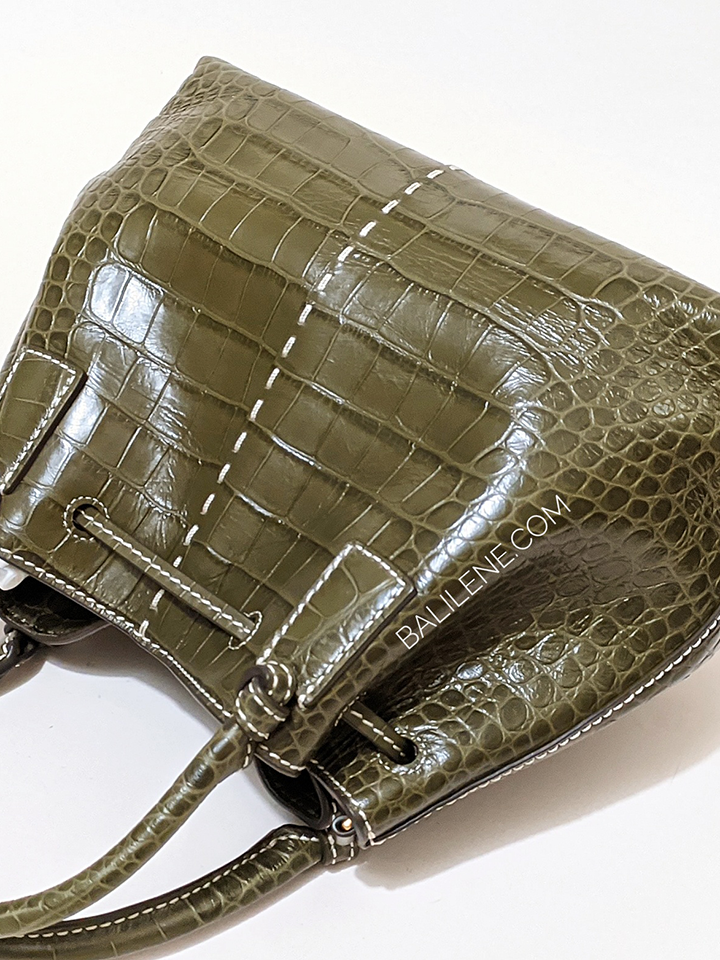 Tory Burch McGraw Embossed Small Drawstring Satchel New Olive Balilene