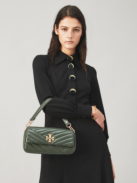       Tory-Burch-85229-Kira-Chevron-Small-Flap-Shoulder-Bag-Sycamore-Green-Rolled-Gold-Balilene-onmodel