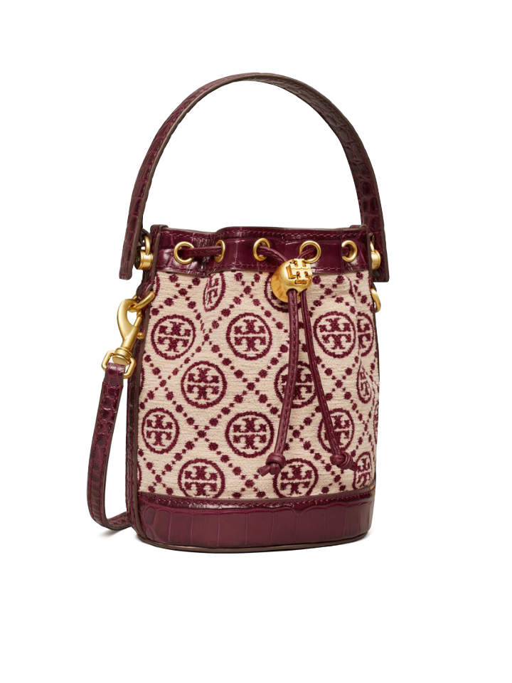    Tory-Burch-88469-T-Monogram-Mini-Chenille-Bucket-Bag-Claret-New-Cream-Balilene-depan1