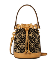 New Tory Burch T Monogram Black Chenille Mini Bucket Bag Crossbody