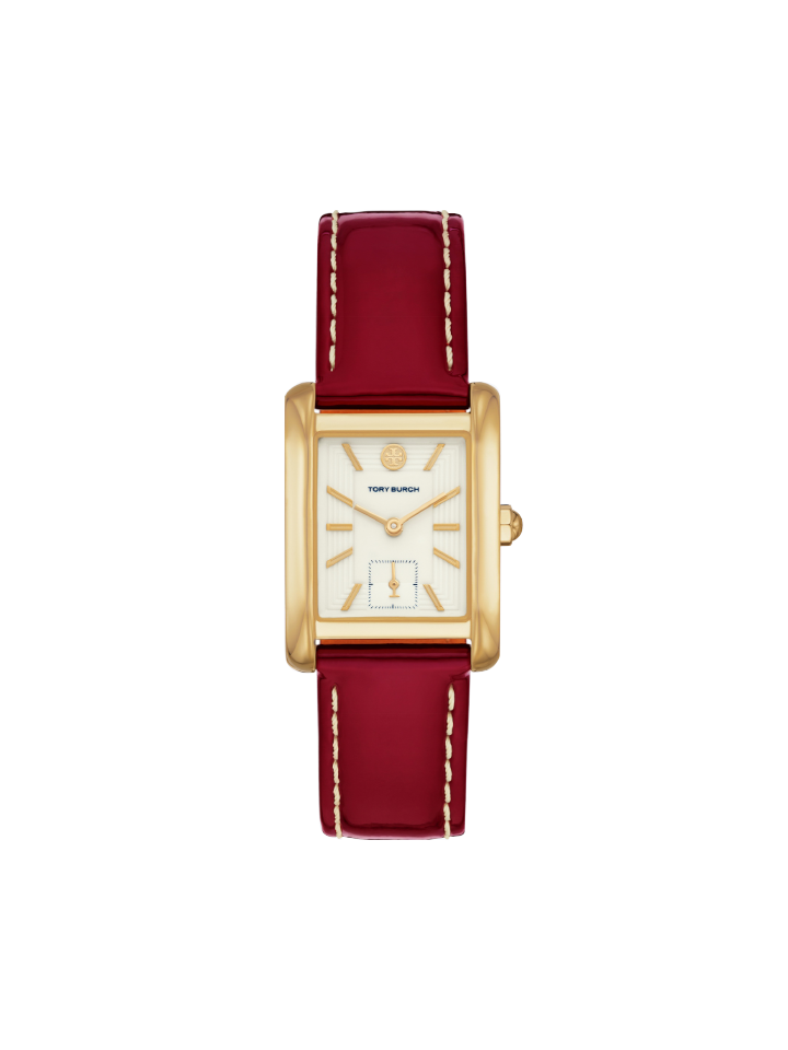 Tory-Burch-Eleanor-Red-Patent-Leather-Gold-Tone-Stainless-Steel-Watch-Balilene-depan