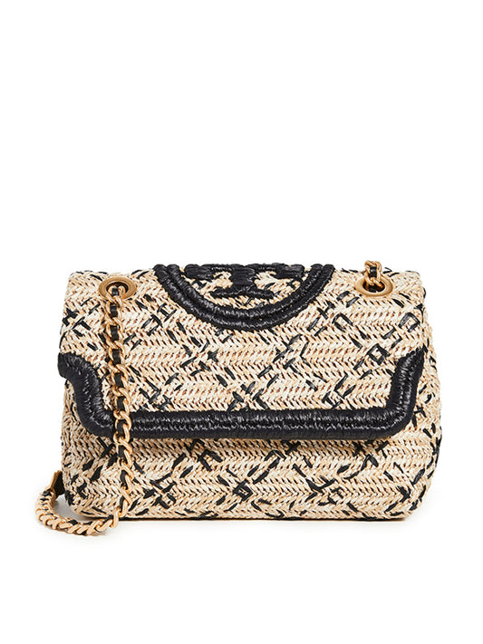 Tory Burch 73357 Fleming Soft Straw Small Convertible Shoulder Bag Natural Black