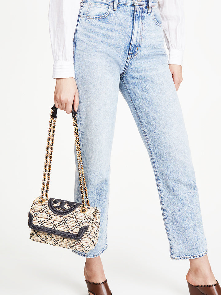 Tory Burch 73357 Fleming Soft Straw Small Convertible Shoulder Bag Natural Black